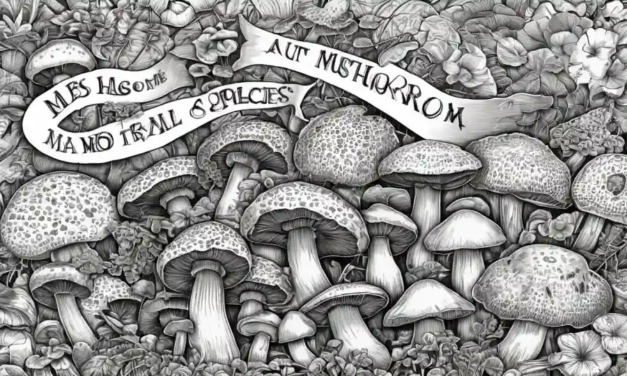Una ilustración de la especie de hongos Shiitake rodeado de palabras sobre sus propiedades medicinales.