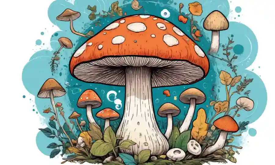 Un hongo (shiitake) rodeado de ilustraciones abstractas de iconos relacionados con la salud.