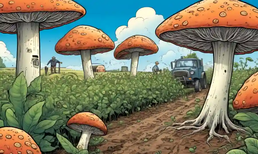 hongos microscópicos que forman relaciones simbióticas con cultivos en un entorno agrícola.