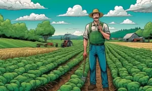 Un agricultor inspecciona un exuberante campo verde con cultivos e ilustraciones de hongos micorricenicos que lo rodean.