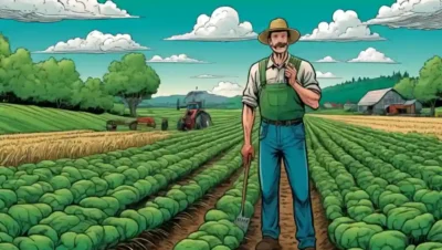 Un agricultor inspecciona un exuberante campo verde con cultivos e ilustraciones de hongos micorricenicos que lo rodean.