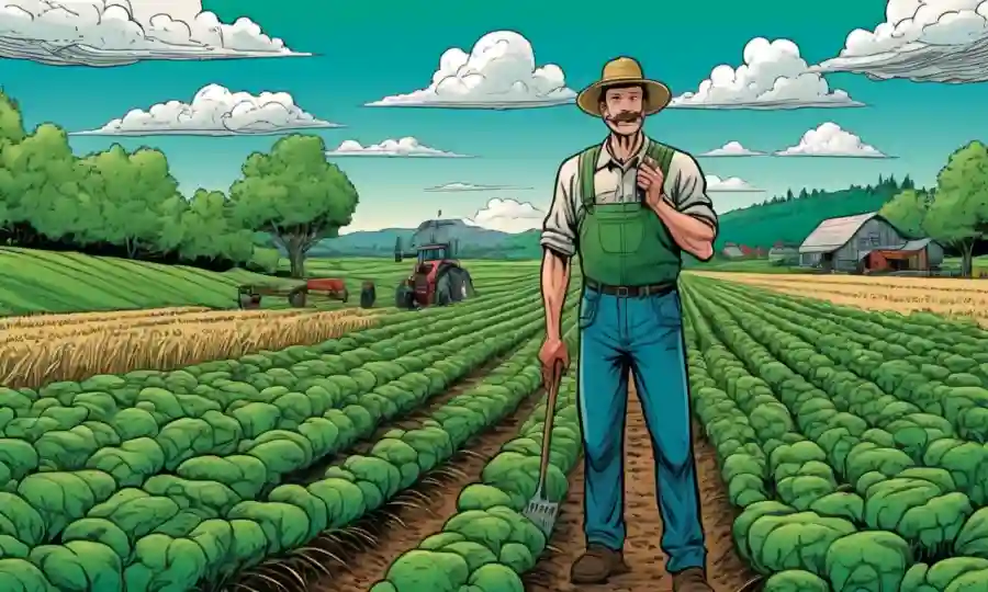 Un agricultor inspecciona un exuberante campo verde con cultivos e ilustraciones de hongos micorricenicos que lo rodean.