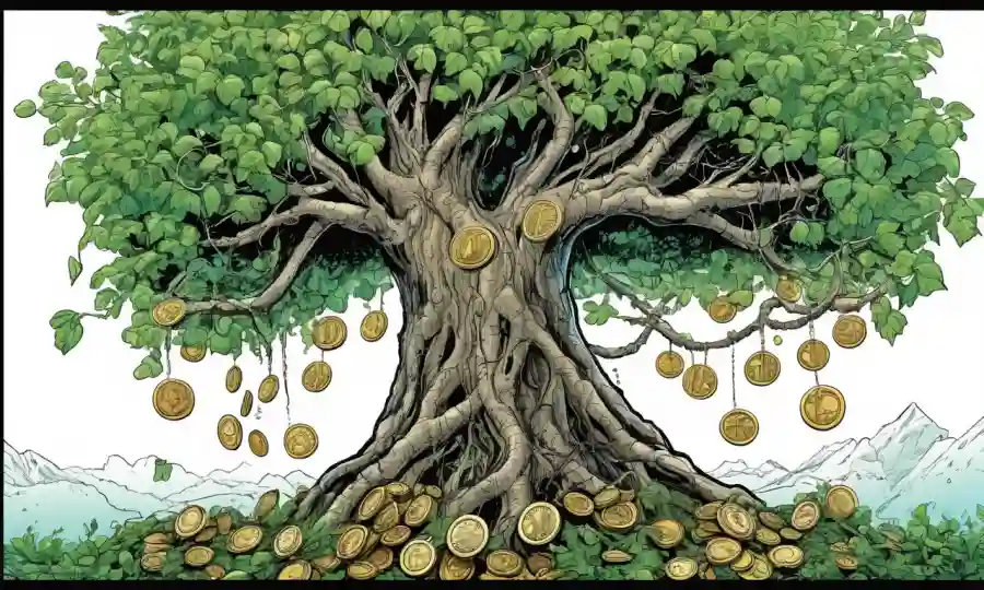 Un árbol envuelto por vides con monedas o símbolos financieros.