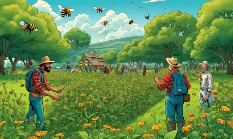 Los agricultores interactúan con abejas y plantas en un campo verde exuberante, promoviendo ecosistemas simbióticos.