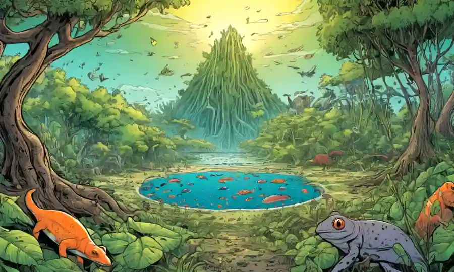 Ilustración de concepto ecológico con relaciones simbióticas y valores monetarios.
