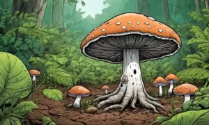 Fungi creciendo en suelo forestal rodeado de exuberante vegetación.