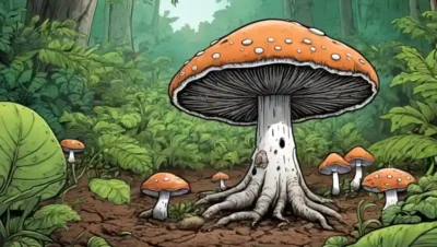 Fungi creciendo en suelo forestal rodeado de exuberante vegetación.