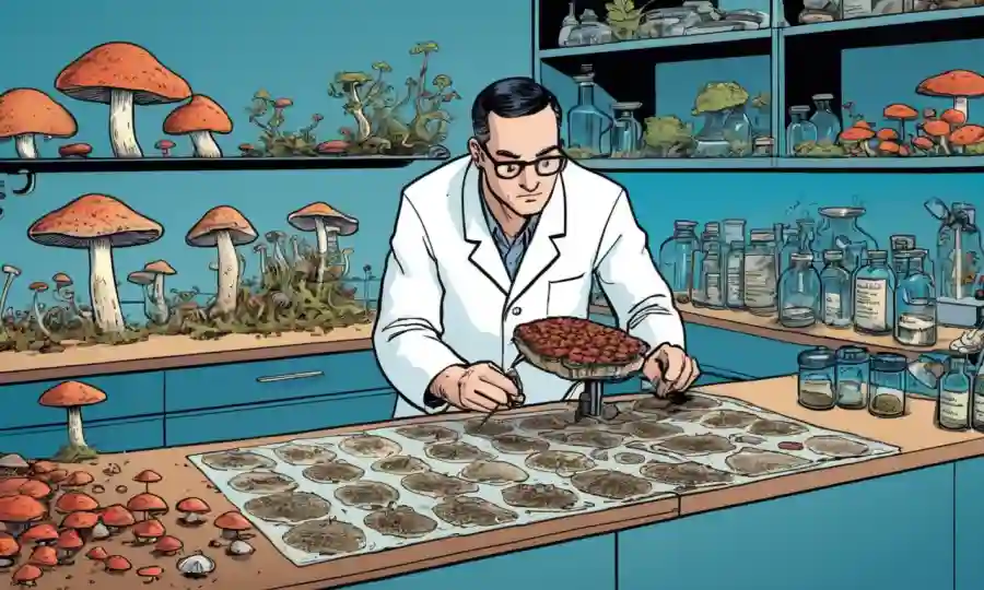 Un investigador de hongos que examina varias muestras de hongos en un banco de laboratorio.