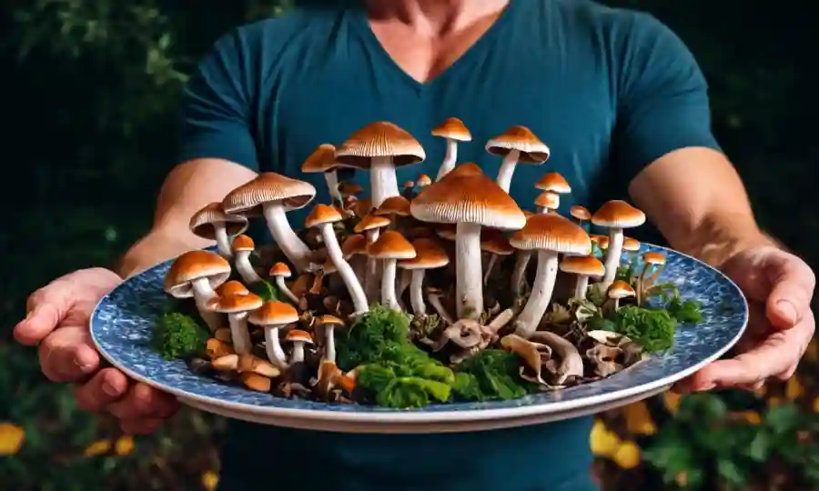 Una persona que sostiene un plato de setas comestibles con beneficios nutritivos mostrados en los sobrelays de texto.