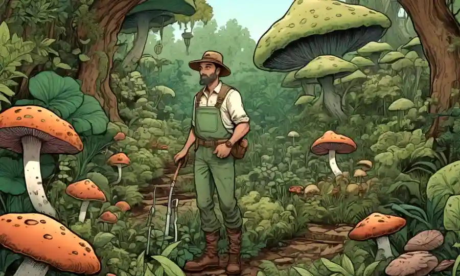 Un jardinero rodeado de vegetación exuberante, con tonos terrenales y visuales inspirados en hongos.