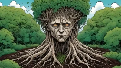 Persona rodeada de raíces vegetales en un jardín