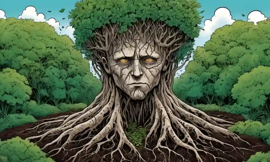 Persona rodeada de raíces vegetales en un jardín