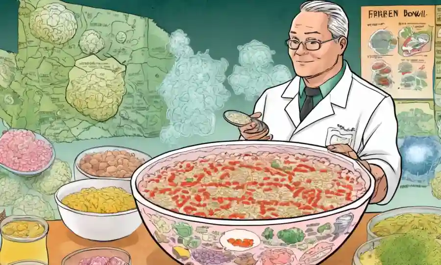 Una persona que sostiene un cuenco de alimentos fermentados contra un fondo de culturas bacterianas o diagramas de salud.