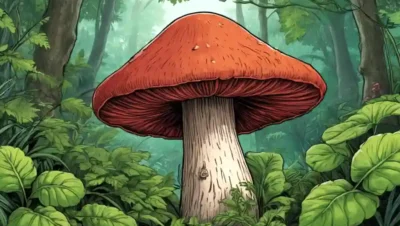 Un hongo (Reishi) creciendo en medio de una vegetación exuberante