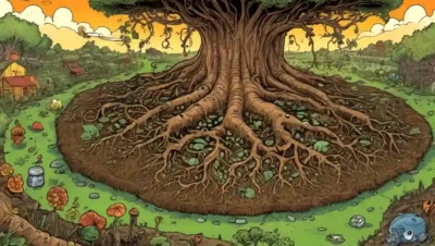 Un sistema de raíces de árboles rodeado de microorganismos y símbolos agrícolas.