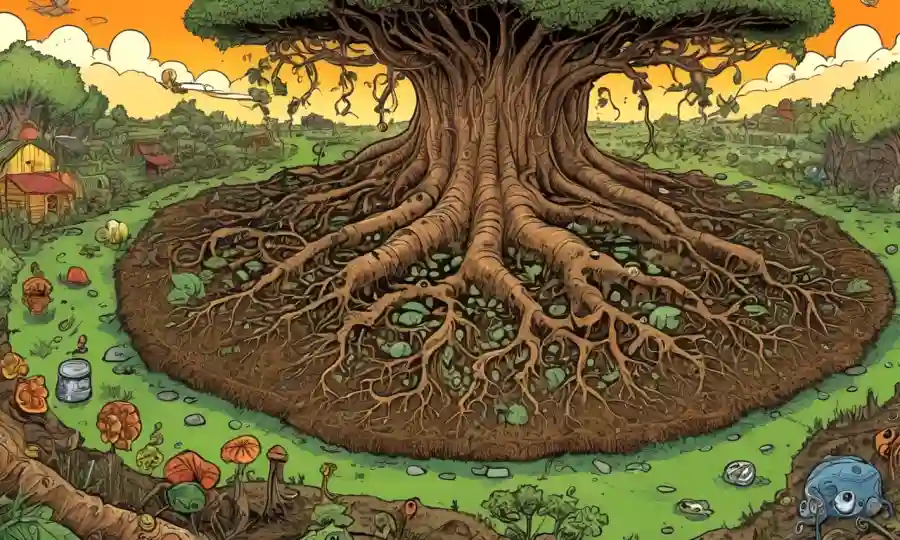 Un sistema de raíces de árboles rodeado de microorganismos y símbolos agrícolas.