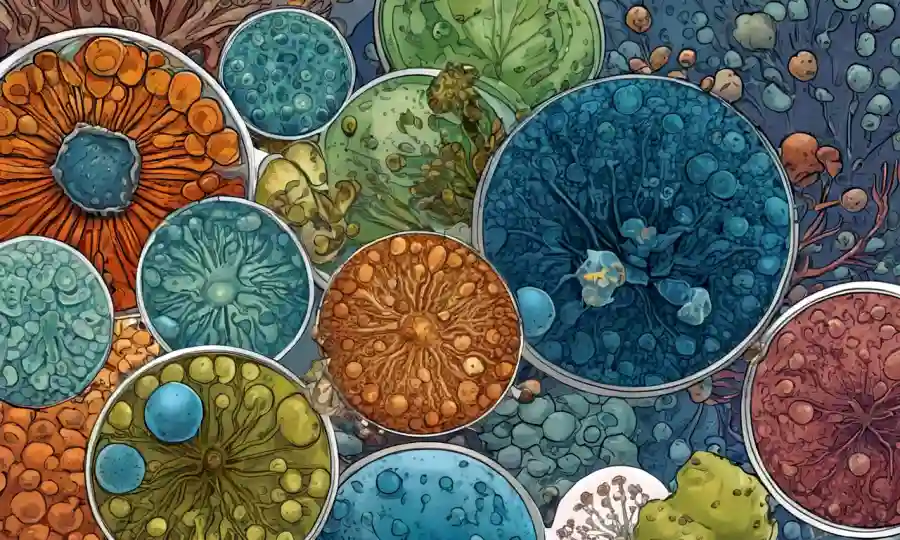 Una imagen de microscopio que muestra esporas microscópicas rodeadas de conceptos y gráficos biológicos.
