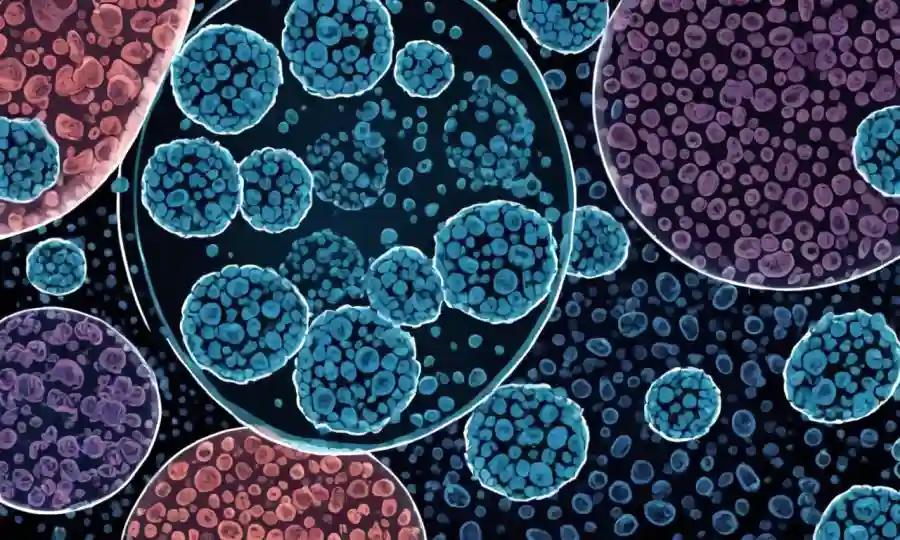 Células microscópicas y esporas creciendo en un plato de petri debajo de un microscopio.