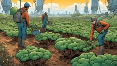 Los agricultores que examinan redes fúngicas en el suelo en medio de paisajes agrícolas futuristas.