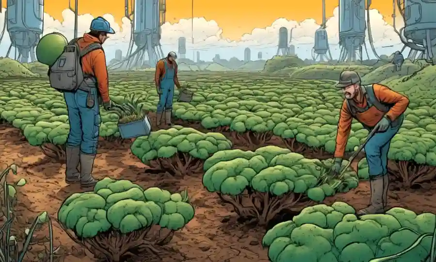 Los agricultores que examinan redes fúngicas en el suelo en medio de paisajes agrícolas futuristas.