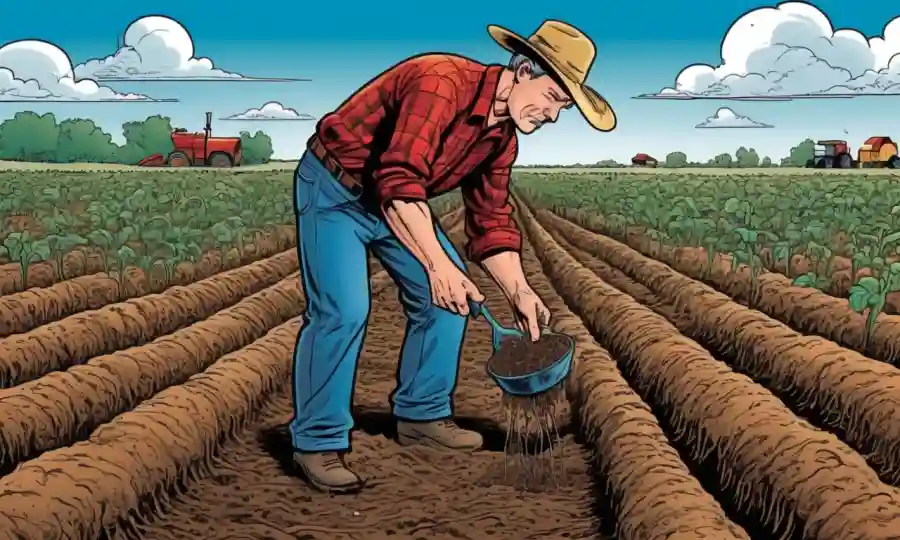 A farmer examining healthy soil with mycorrhizal fungi, surrounded by innovative agricultural technology.