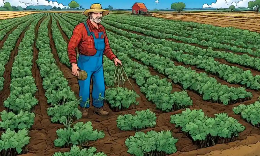 Un agricultor en un campo rodeado de cultivos saludables y hongos micorririzales.