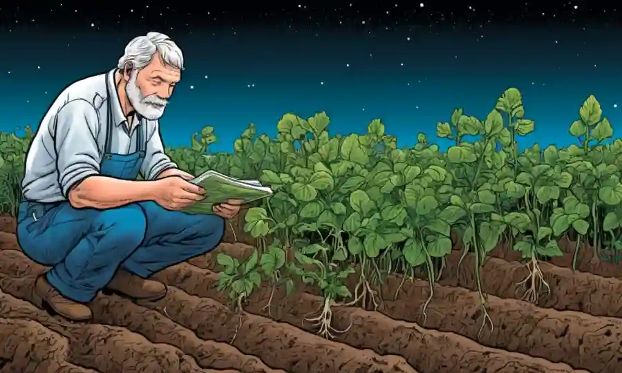 Un agricultor que examina las raíces de las plantas junto con datos científicos sobre hongos micorririzales.