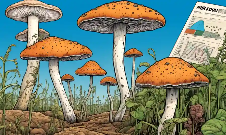 Una ilustración científica del cultivo de hongos entre cultivos, con grafitas y textos superpuestos destacando beneficios y desafíos.