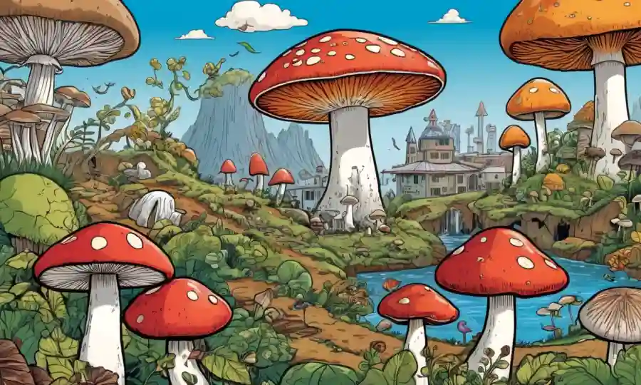 Una ilustración de hongos que crecen en diferentes ambientes, rodeados de iconos alimentarios y de producción.