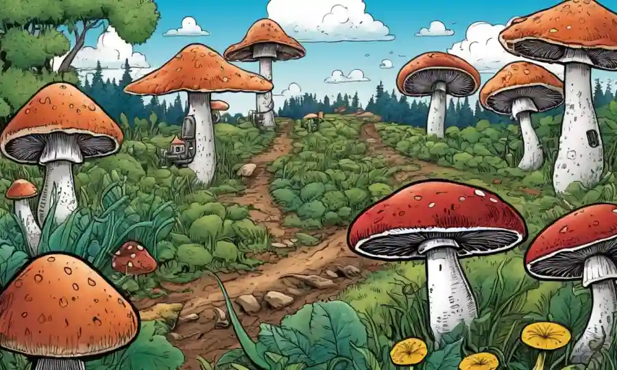 Microscopio o ilustraciones de hongos en entornos agrícolas