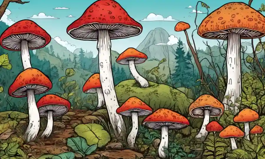 Setas coloridas creciendo en un entorno natural, con ilustraciones y diagramas científicos que rodean.