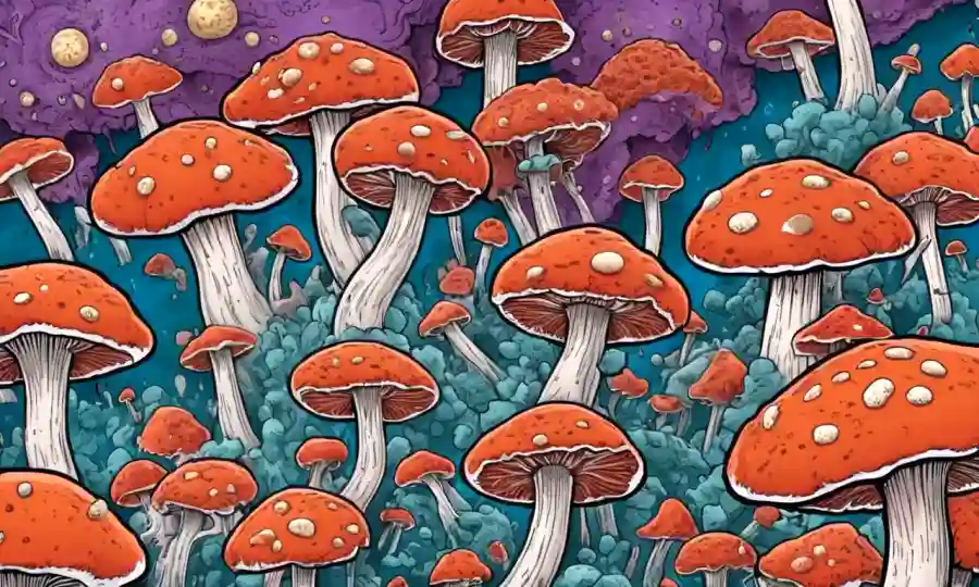 Grupo de hongos que rodean las células inflamatorias se reducen en un fondo que representa la salud.