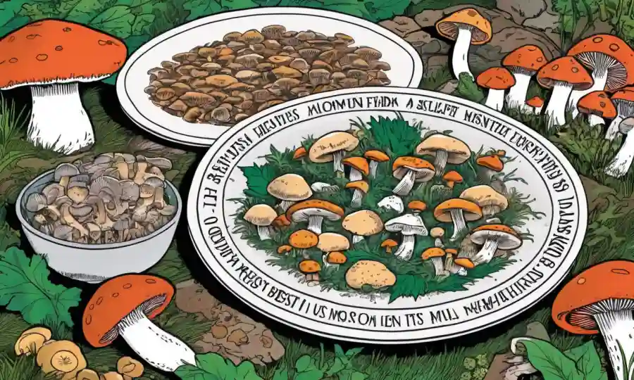 Un plato lleno de varios hongos en el fondo, con superposiciones de texto compartiendo beneficios de salud.