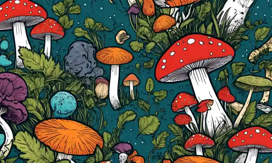 Imagen de título con hongos e iconos de salud superpuestos.
