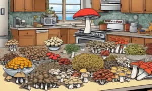 Una mezcla de variedades de hongos mostradas en una encimera de cocina con relés de texto.