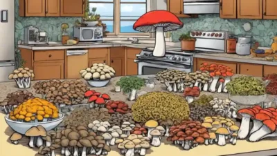 Una mezcla de variedades de hongos mostradas en una encimera de cocina con relés de texto.