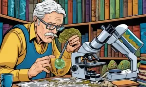 Científico examinando muestras de hongos bajo un microscopio en medio de varios libros y gráficos.