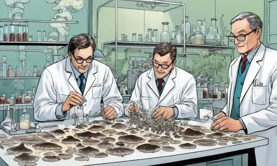 Imagen de un grupo de micólogos expertos en configuración de laboratorio con muestras y diagramas de hongos.