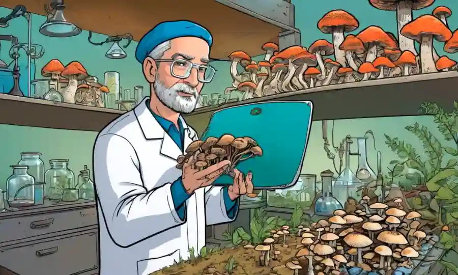 Un experto en hongos con muestras de hongos en un entorno de laboratorio rodeado de elementos agrícolas y de sostenibilidad.