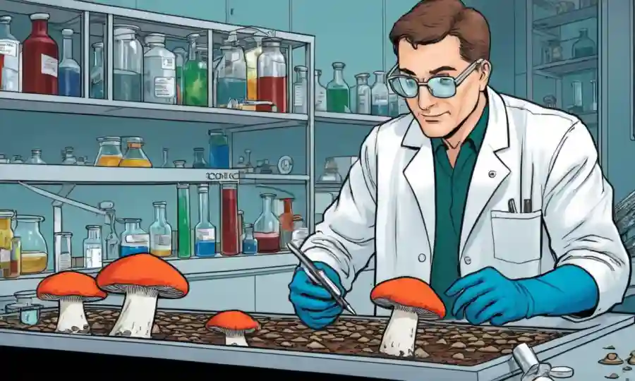 Científico que estudia hongos en un laboratorio con antecedentes de investigación médica.