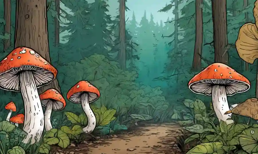 Una ilustración científica de varios hongos en un entorno forestal con gráficos y superposiciones de datos.