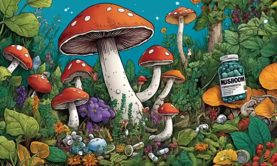 Un racimo de hongos con suplementos y cápsulas junto a él