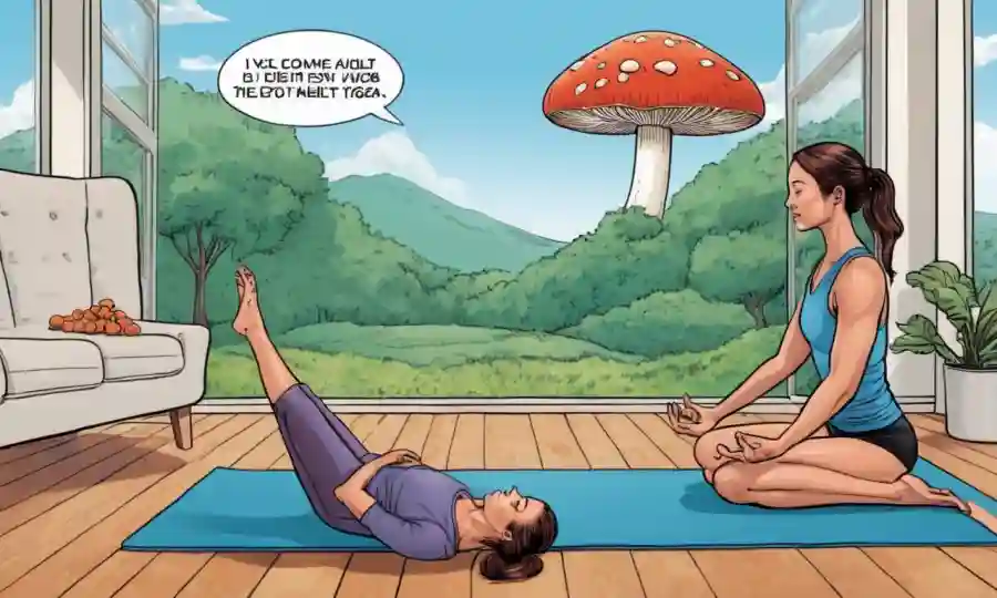 Un suplemento cápsula de setas junto a un individuo saludable haciendo yoga.