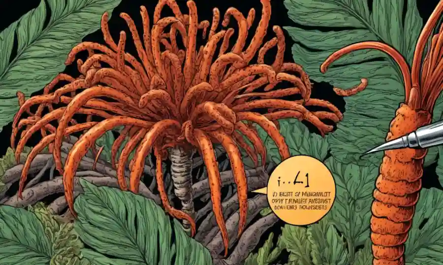 Una imagen magnificada del hongo Cordyceps con detalles de texto sobre sus propiedades nutricionales y beneficios para la salud.