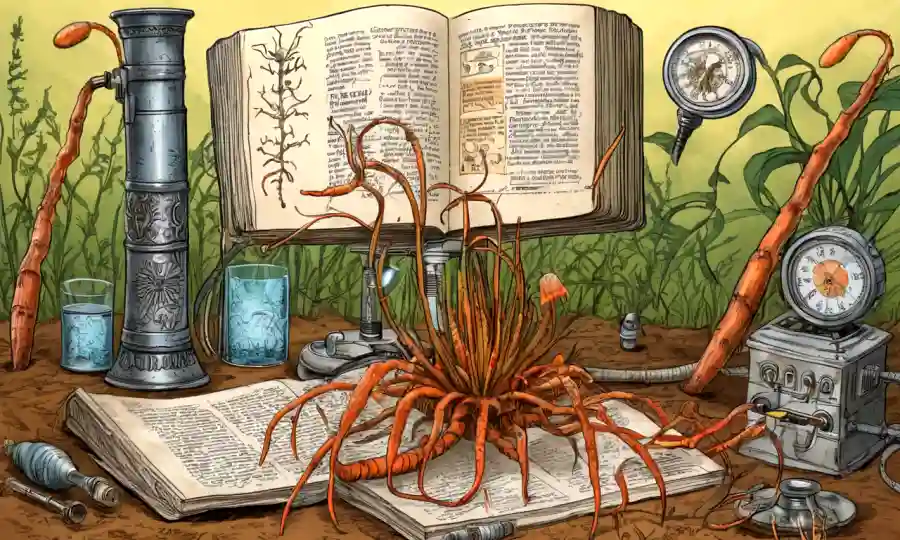 Una ilustración del hongo Cordyceps rodeado de textos antiguos y equipos médicos modernos.