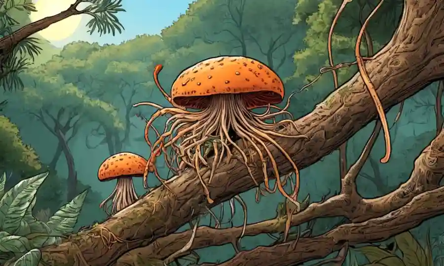 Un hongo (Cordyceps) que crece en una rama de árboles