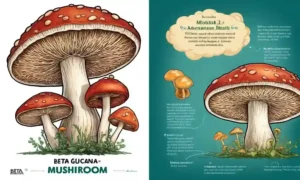 Una ilustración en forma de hongos destacando la información beta-glucana en un fondo científico.