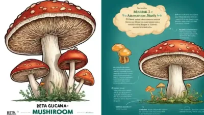 Una ilustración en forma de hongos destacando la información beta-glucana en un fondo científico.
