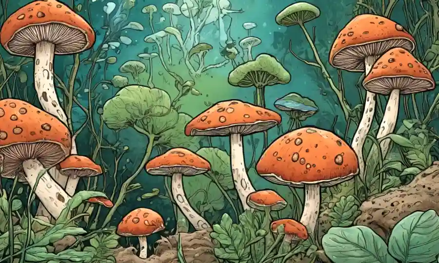 Las células de hongos interrumpen plagas de plantas con ilustraciones de hongos y células vegetales.