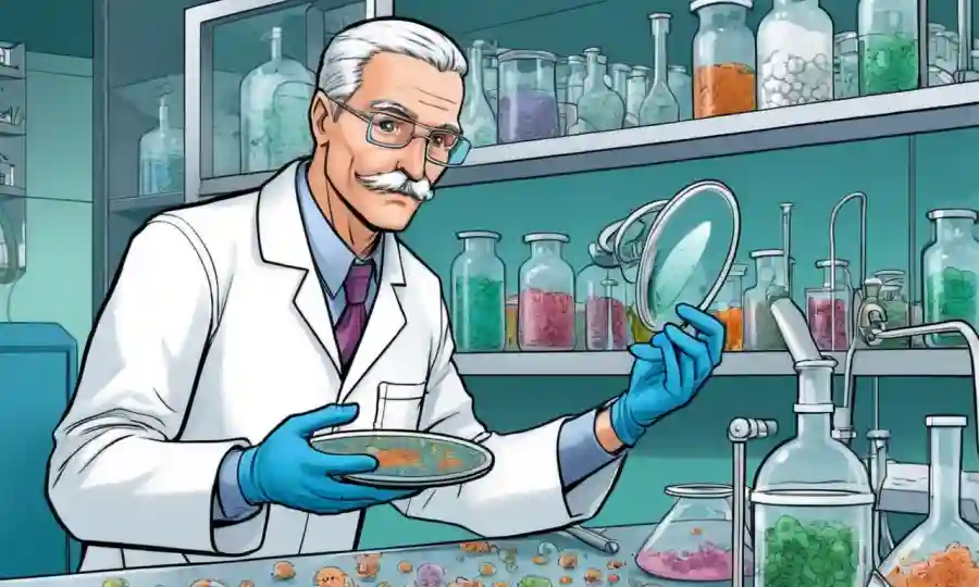 Un científico en un laboratorio que sostiene un plato de petri con colonias fúngicas y otros equipos microbiológicos.
